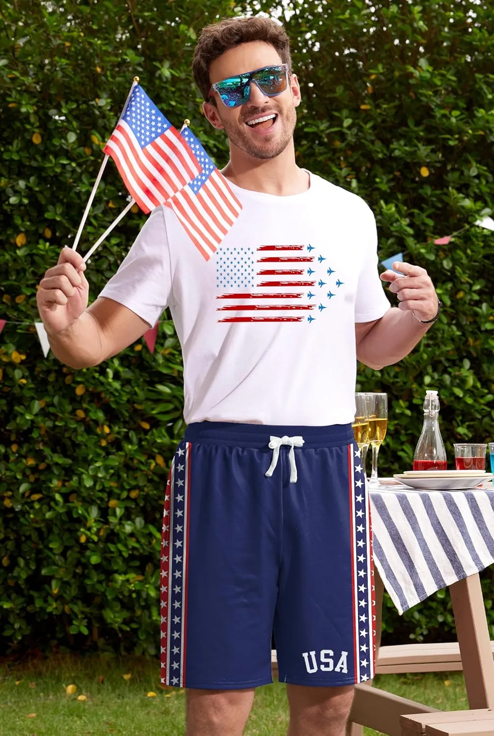 Arvilhill Men American Flag Shorts Patriotic Stars Stripes SweatShorts with Elastic Waistband (S-3XL)