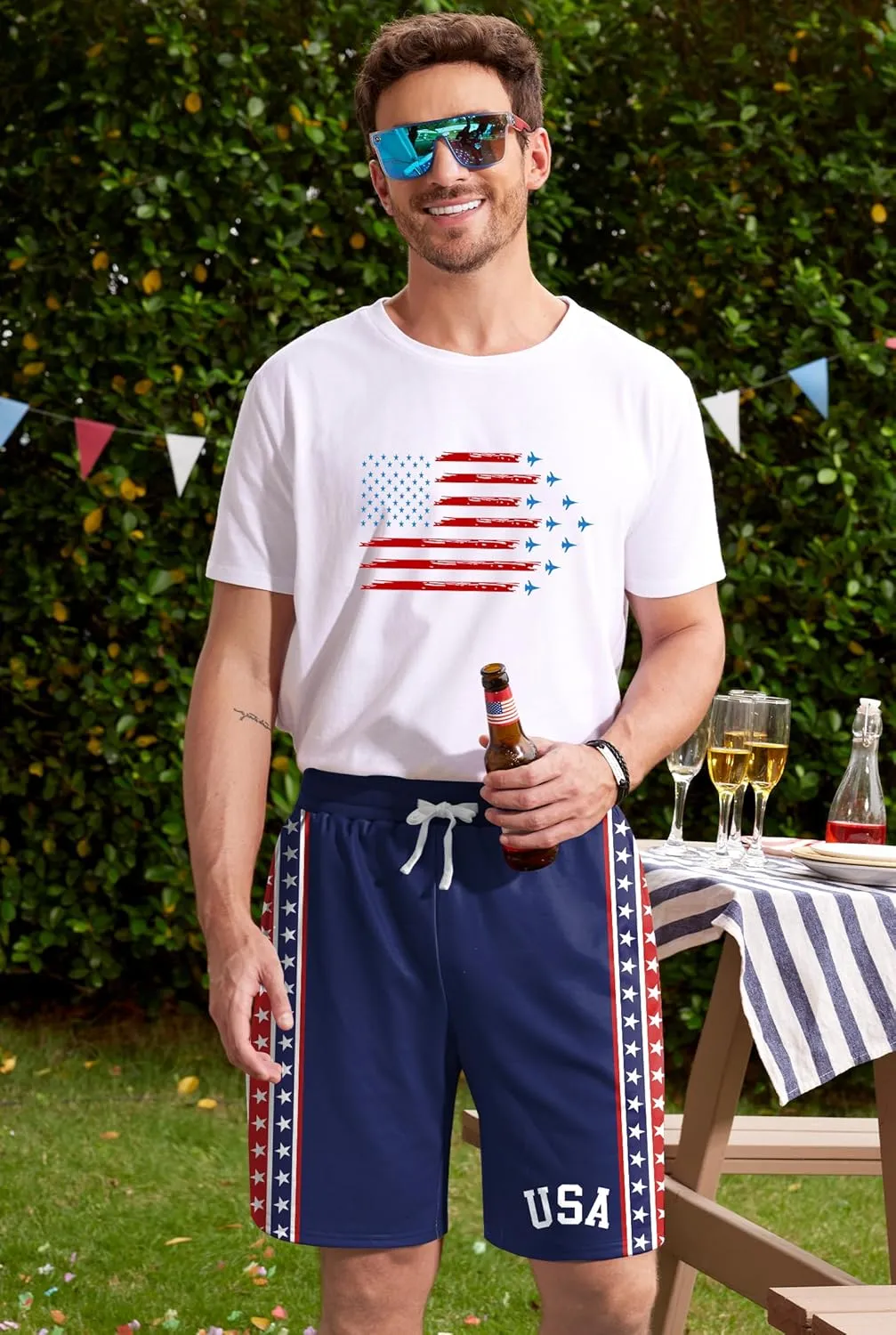 Arvilhill Men American Flag Shorts Patriotic Stars Stripes SweatShorts with Elastic Waistband (S-3XL)