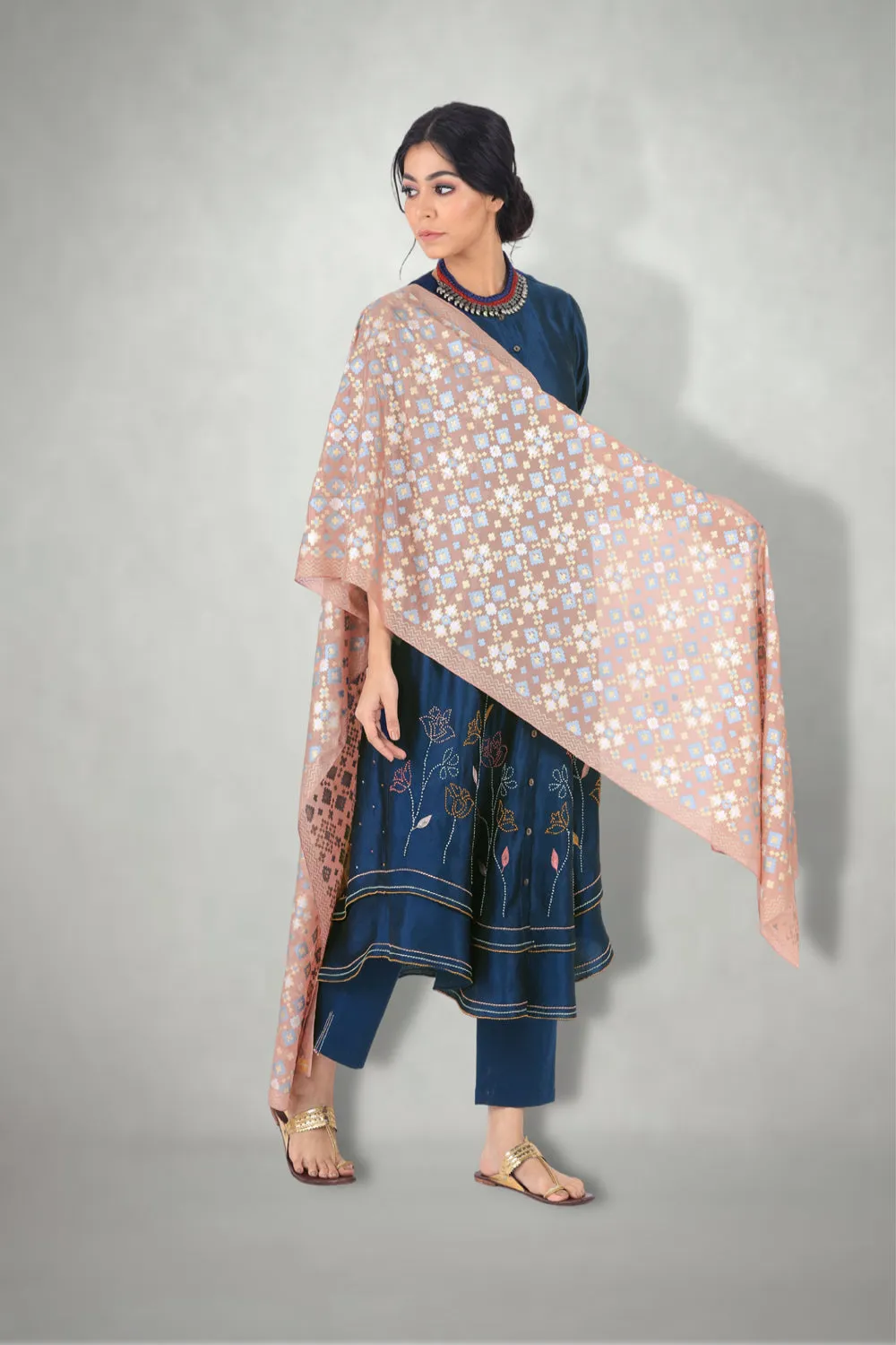 Blue  French Knots Embroidered  Suit Set