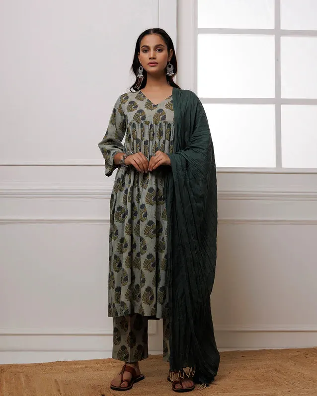 Forest Green Block Printed Suit Set With Dupatta