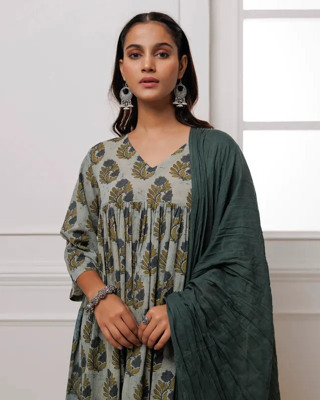 Forest Green Block Printed Suit Set With Dupatta
