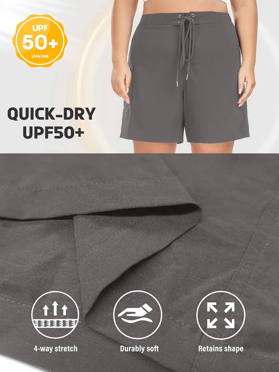 FOREYOND Women's Plus Size Board Shorts Quick Dry Swim Shorts High Waisted Swim Pants with Pockets Liner Trunks