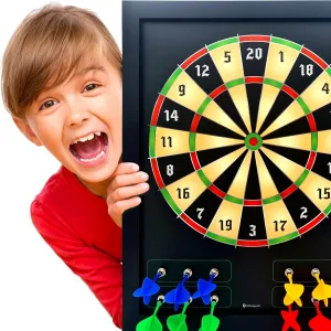 HMmagnets Large & Safe Magnetic Dart Board (Wooden Frame) for Kids & Adults - Fun Game for Up to 4 Players - Including 12 Colorful Darts   Dry Erase Score Board (2 Markers Eraser) | Sturdy & Durable
