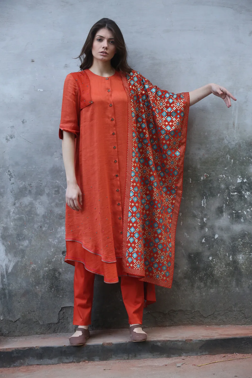 Rust French Knots Embroidered Suit Set