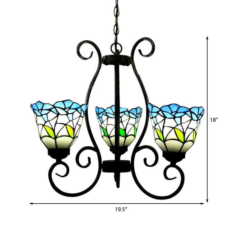 Rustic Stained Glass Flower Chandelier Light - Blue Flared Pendant Lighting for Living Room