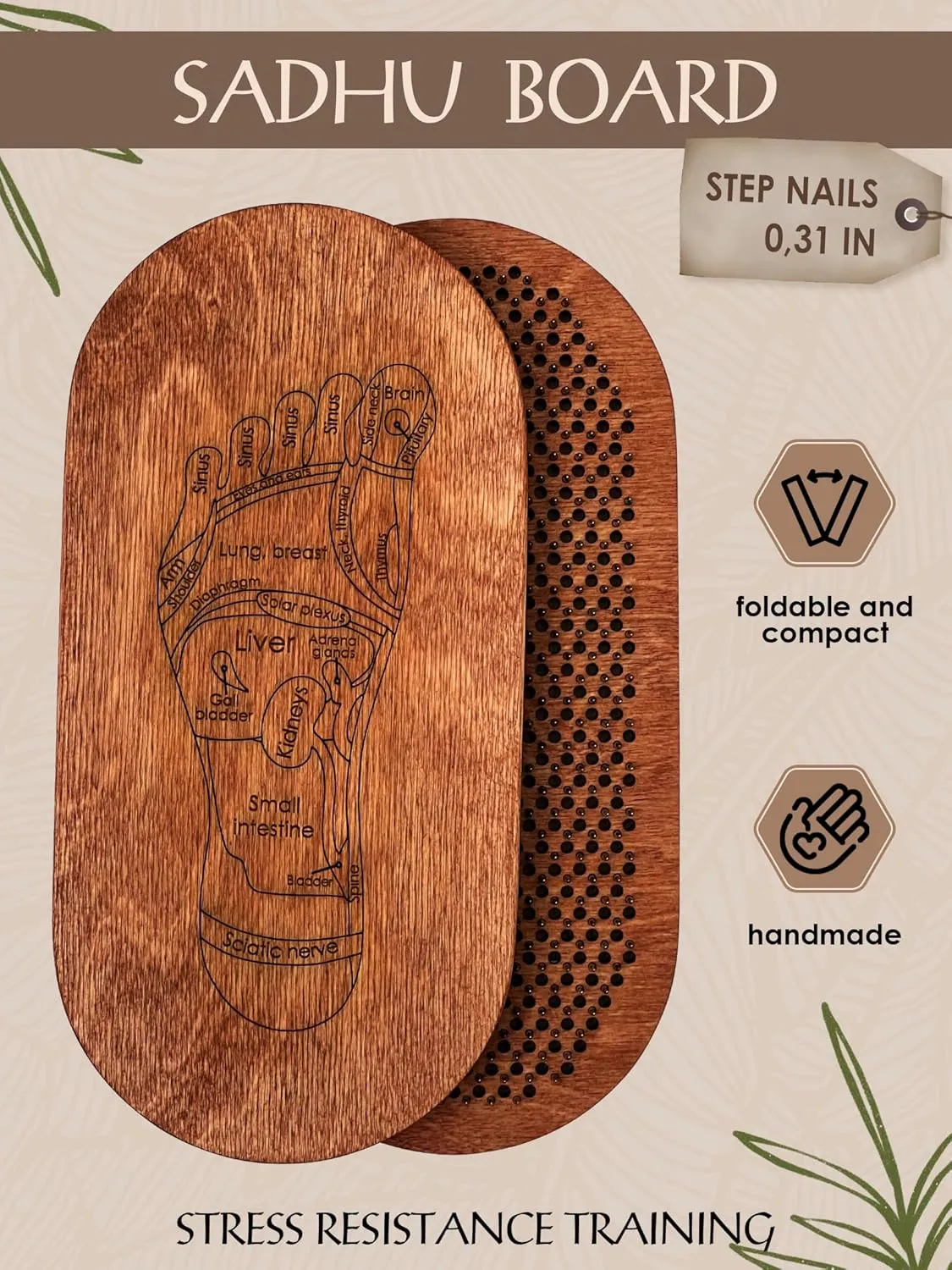 Sadhu Board for Yoga Beginners, Wooden Yoga Board for Acupressure and Meditation with Nails for Deep Tissue Massage, Acupuncture Massage, Nail Distance 0.31 in (8 mm)