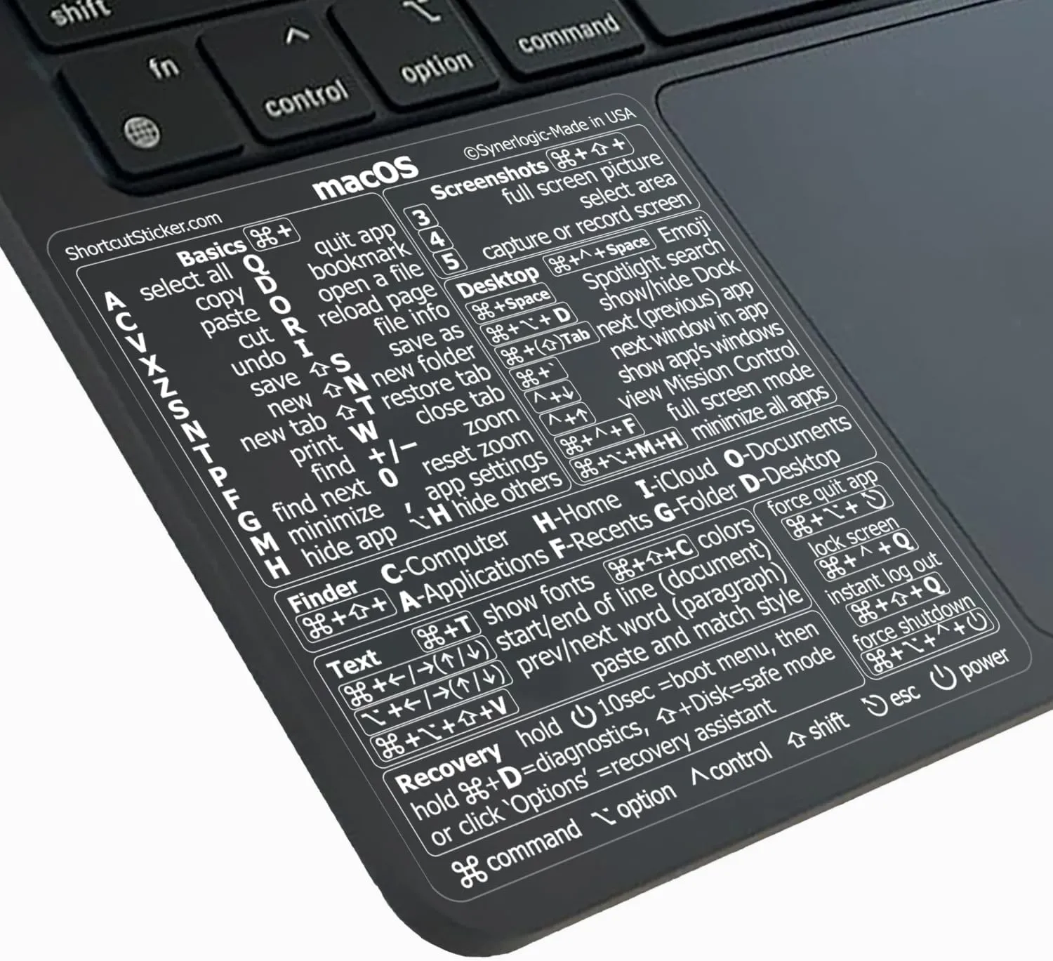 Synerlogic Mac OS Shortcuts Sticker | Keyboard Stickers for macOS | No-Residue Laminated Vinyl MacBook Cheatsheet for Laptop | MacBook Shortcuts 2025 (Clear/White)
