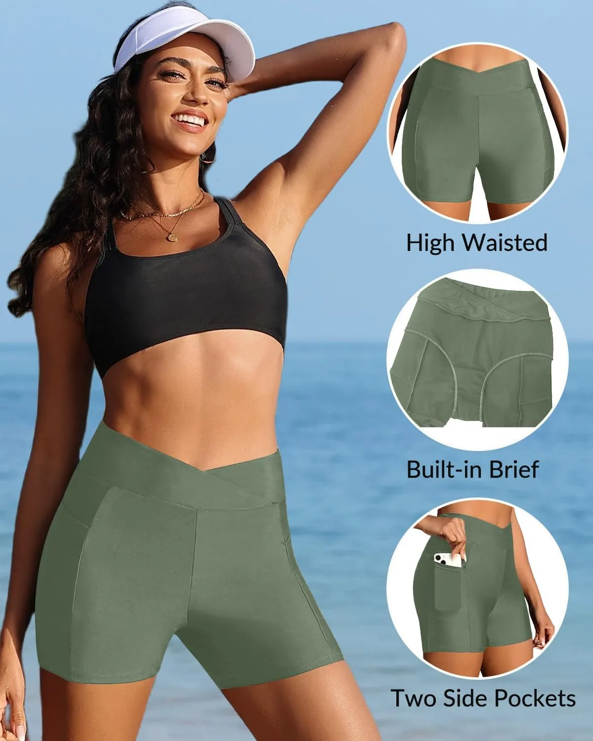 Yonique Womens Swim Shorts High Waisted Swim Bottoms Tummy Control Bathing Suit Bottom Boy Shorts(Available in Plus)